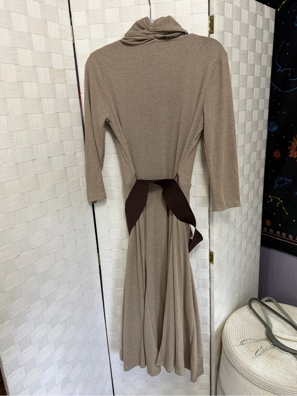 Robbie Bee Taupe Ribbed Long Sleeve Knit Dress with Attached Scarf - Picture 4 of 5
